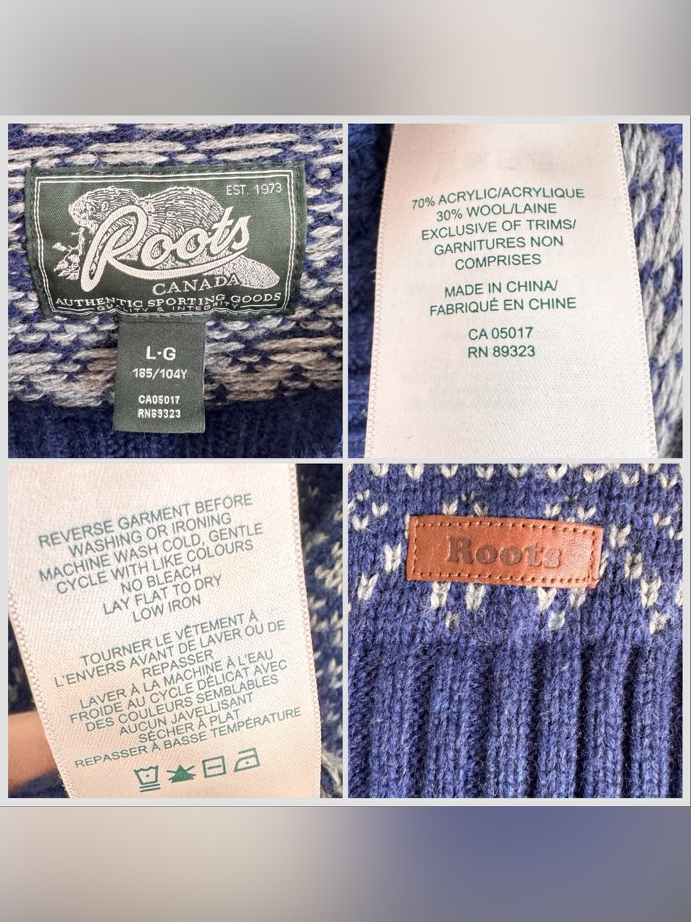 Roots Canada Wool Blend Fair Isle Knit Sweater Large Blue Grey Pullover L - Picture 3 of 8